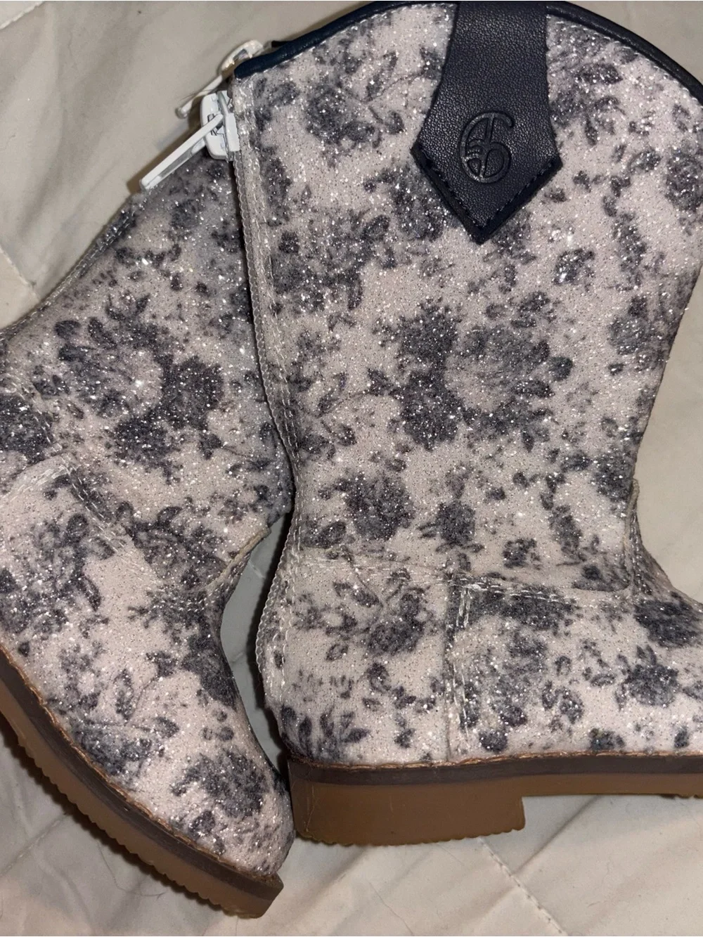 Silver and White Sparkle Floral Ankle Boots